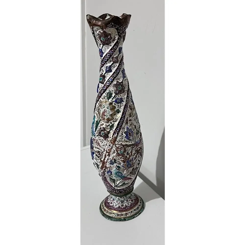 Vintage Antique Iznik Minakari Enameled Birds And Floral Decorations Copper Vase